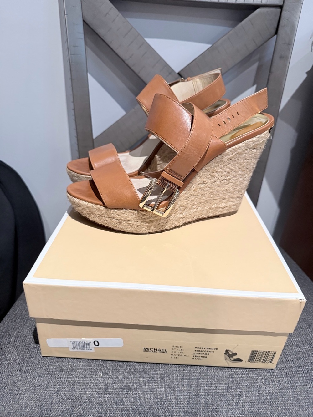 Michael Kors Cognac Leather Espadrille Wedge Sandals